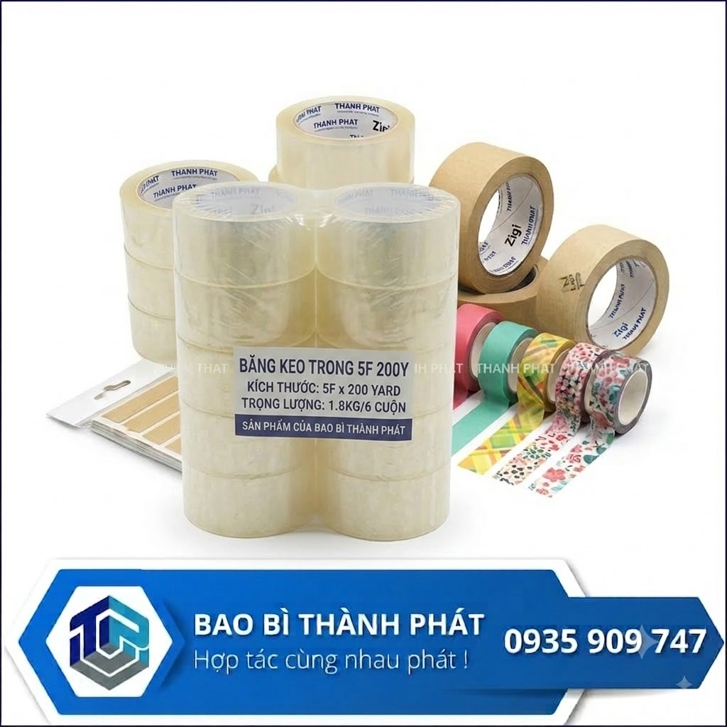 Băng Keo Trong 5F 200Y (Cây1.8kg/6 Cuộn) — Bao Bì Thành Phát