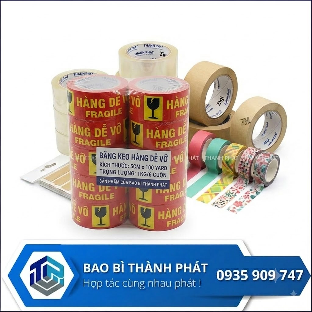 Băng Keo Hàng Dễ Vỡ 5Cm 100Yard (Cây 1Kg/6 Cuộn) — Bao Bì Thành Phát